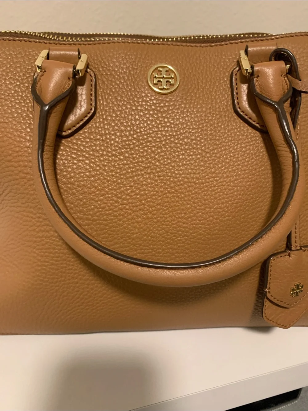 Tory Burch Robinson Camel Brown Pebbled Leather Satchel with Gold Logo
